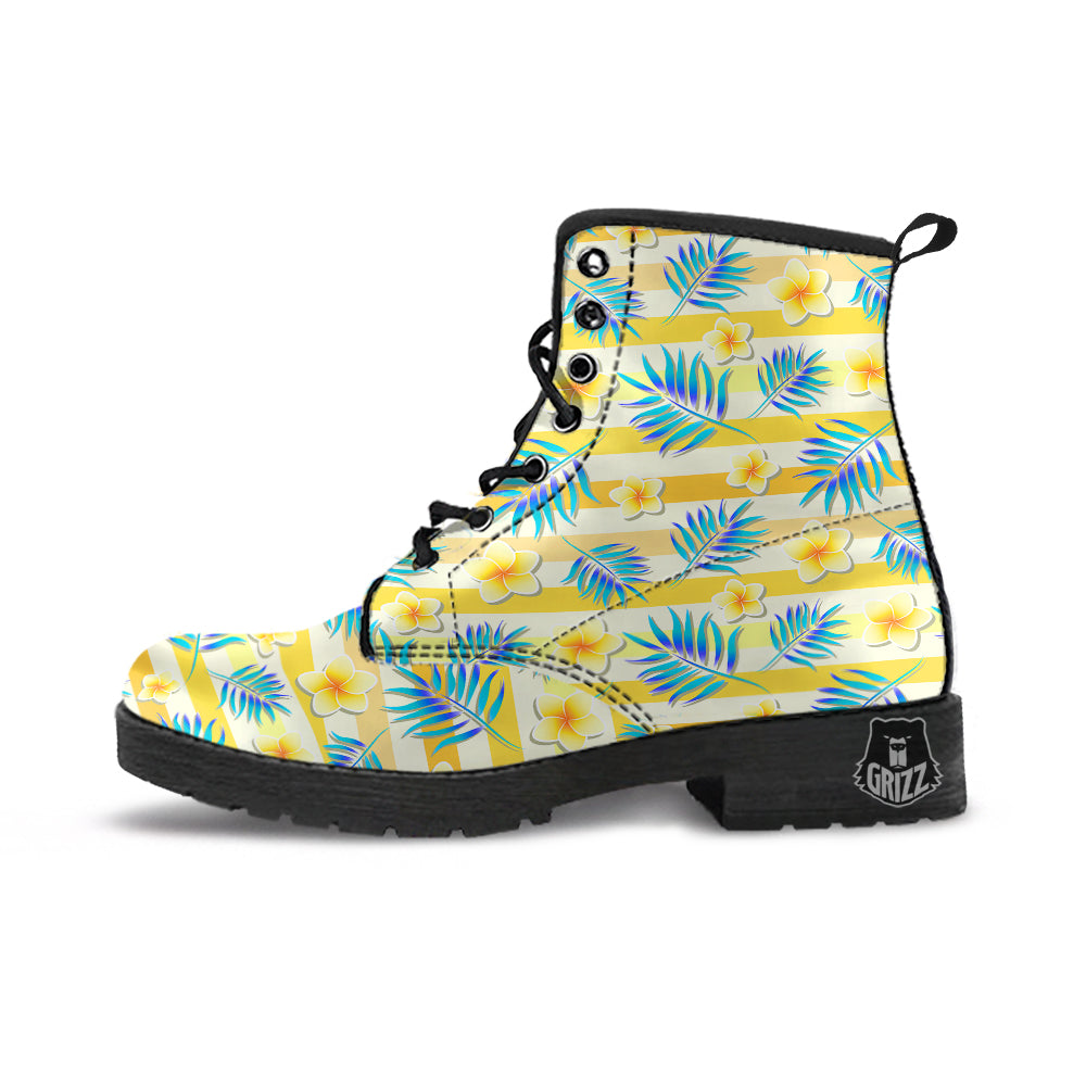 Frangipani Yellow Print Pattern Leather Boots-grizzshop