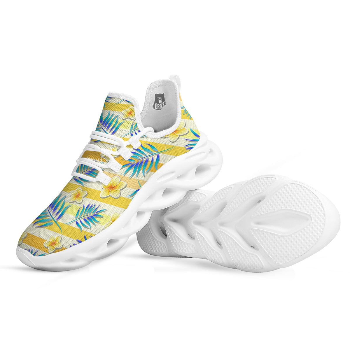 Frangipani Yellow Print Pattern White Running Shoes-grizzshop