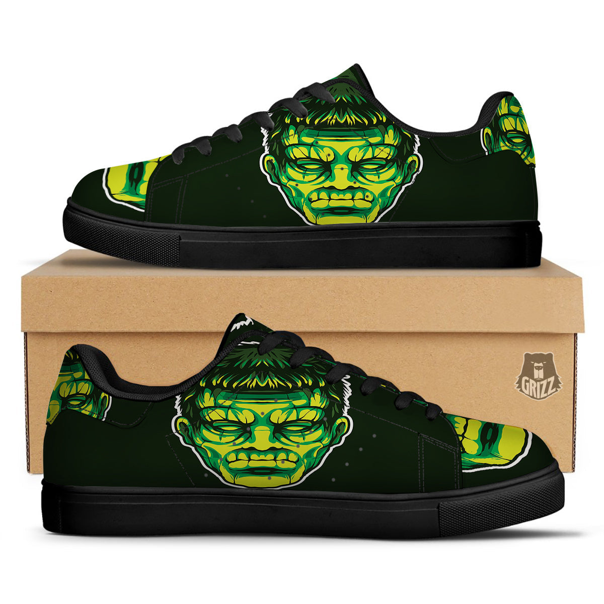 Frankenstein Cartoon Print Black Low Top Sneakers-grizzshop