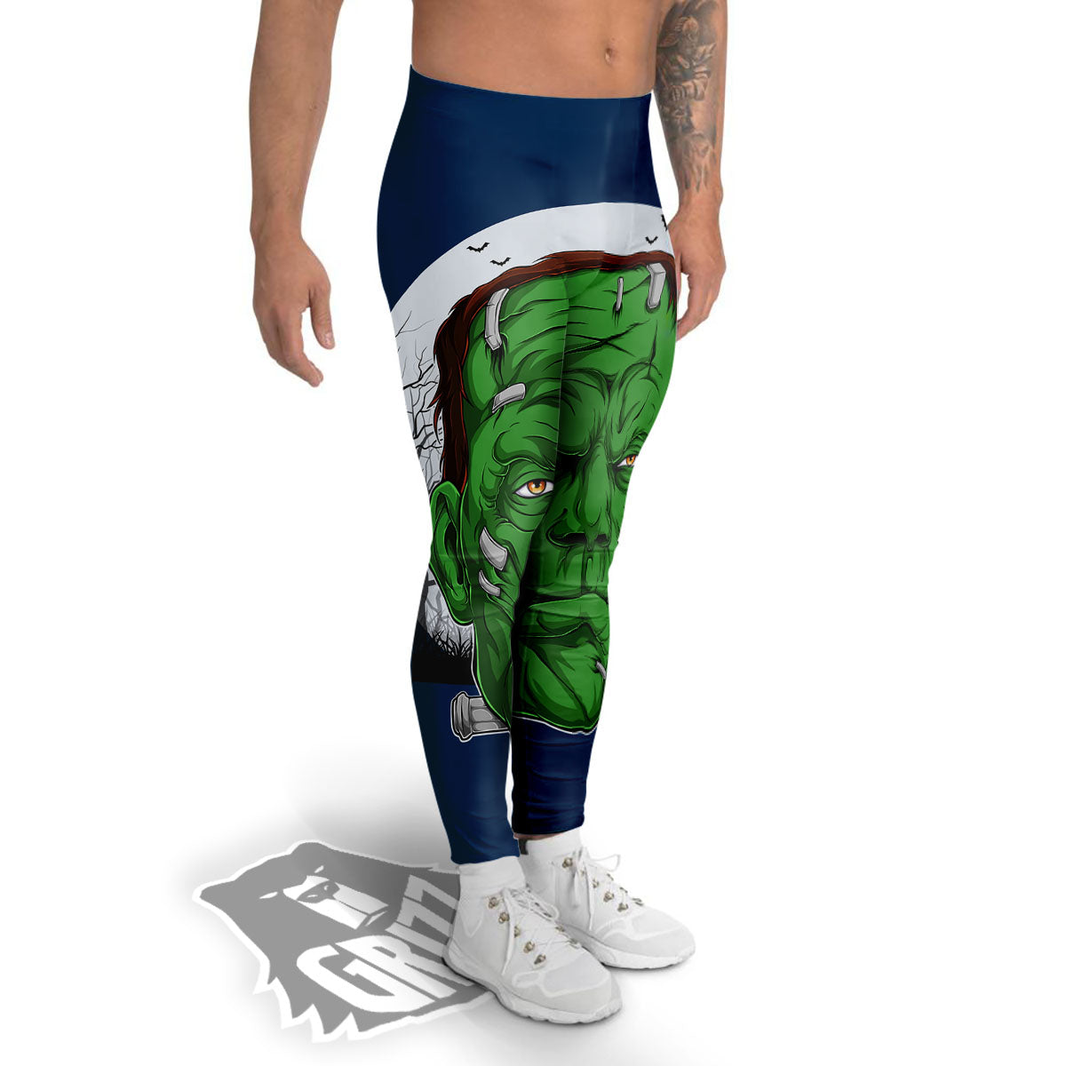 Frankenstein Face Halloween Character Print Men's Leggings-grizzshop