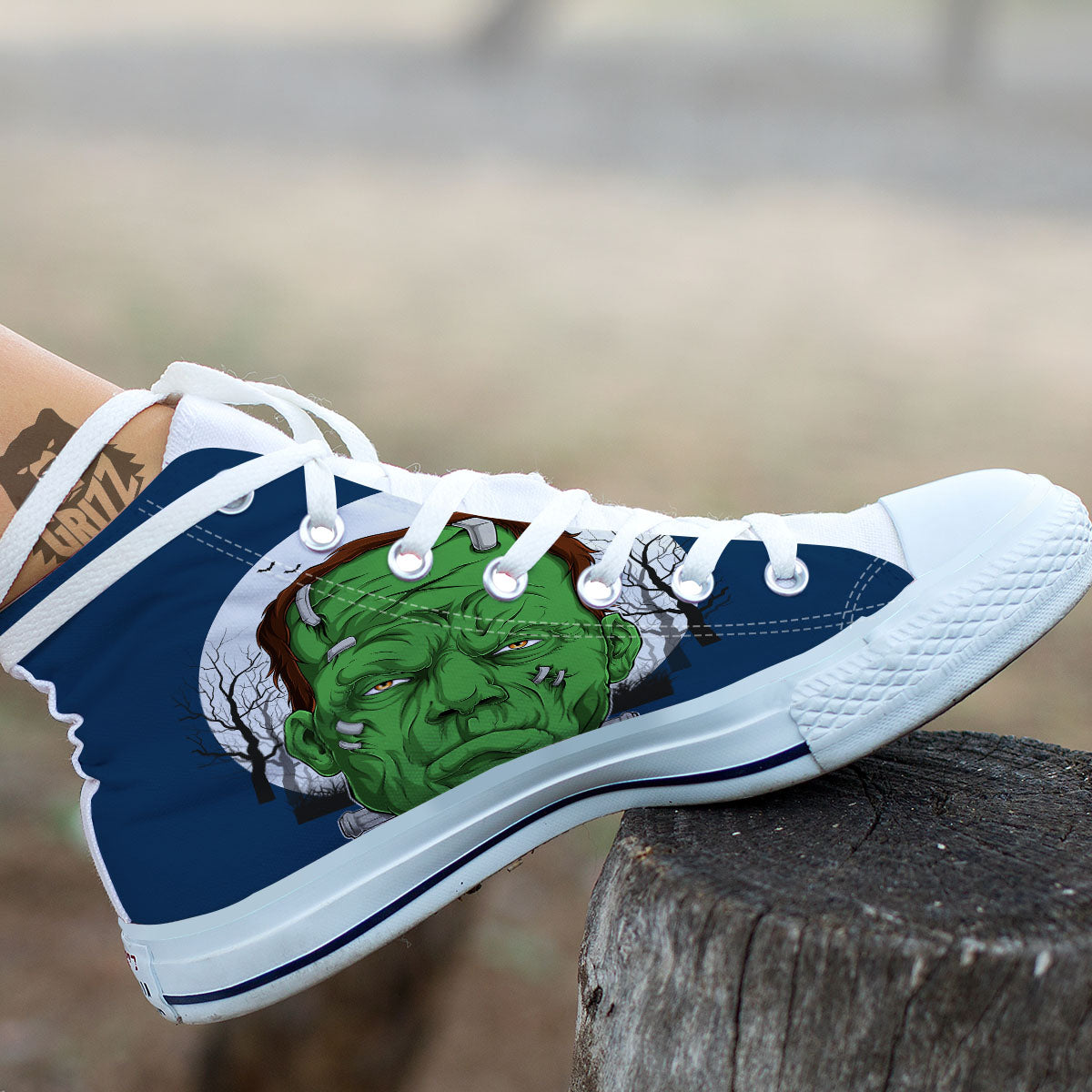 Frankenstein Face Halloween Character Print White High Top Shoes-grizzshop