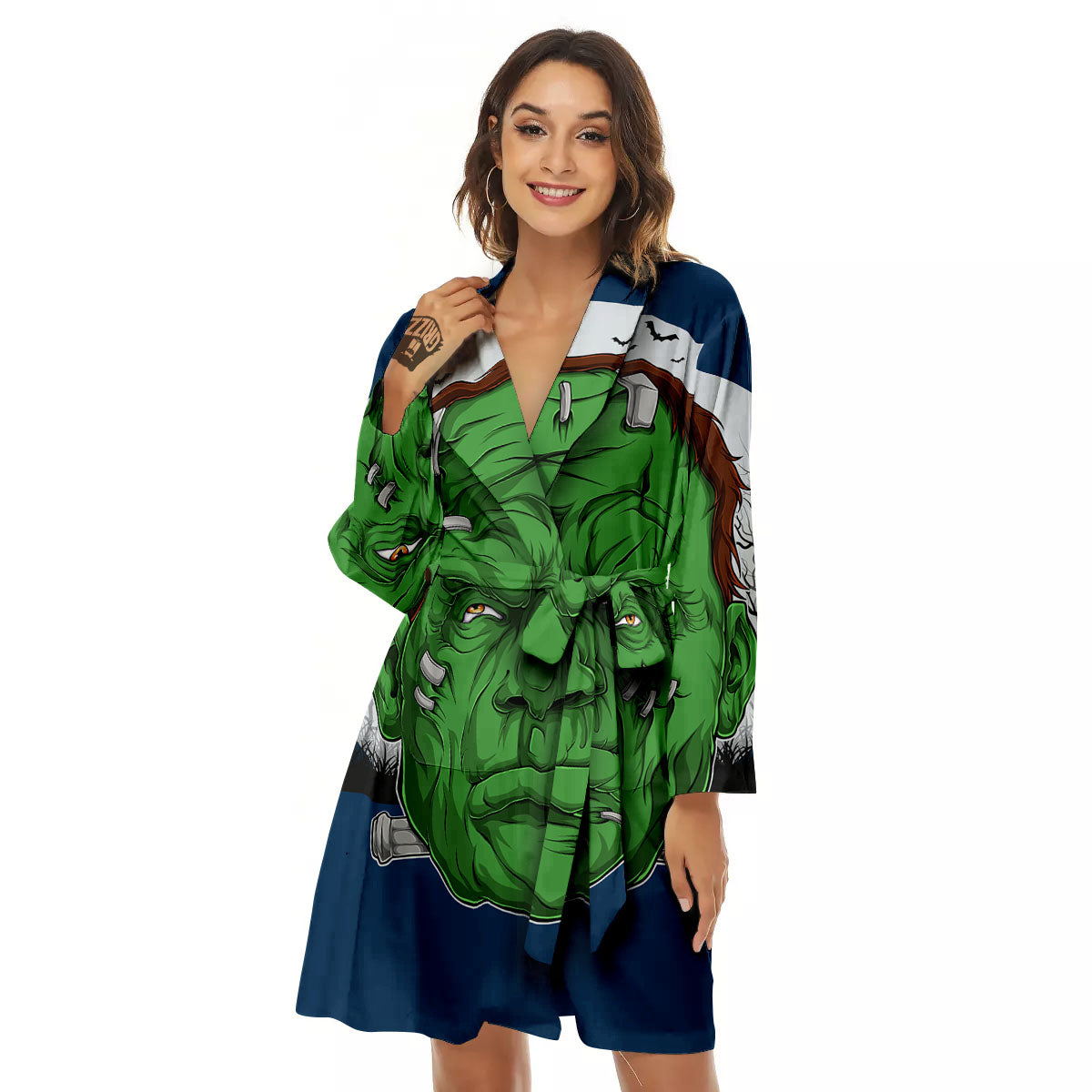 Frankenstein Face Halloween Character Print Women's Robe-grizzshop
