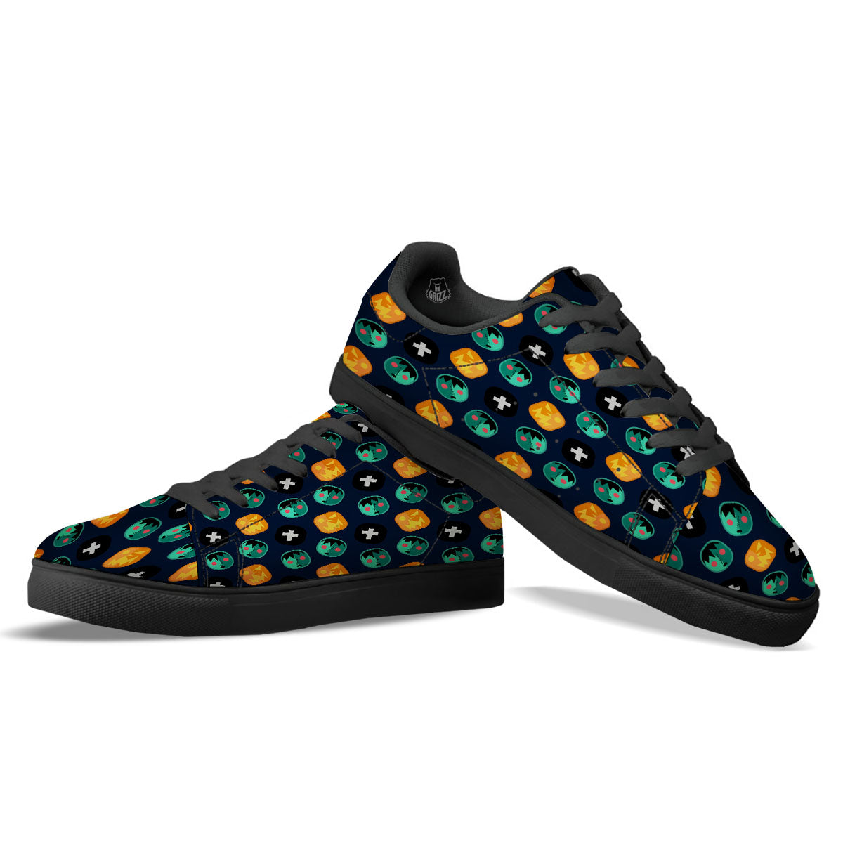 Frankenstein Face Halloween Print Pattern Black Low Top Sneakers-grizzshop