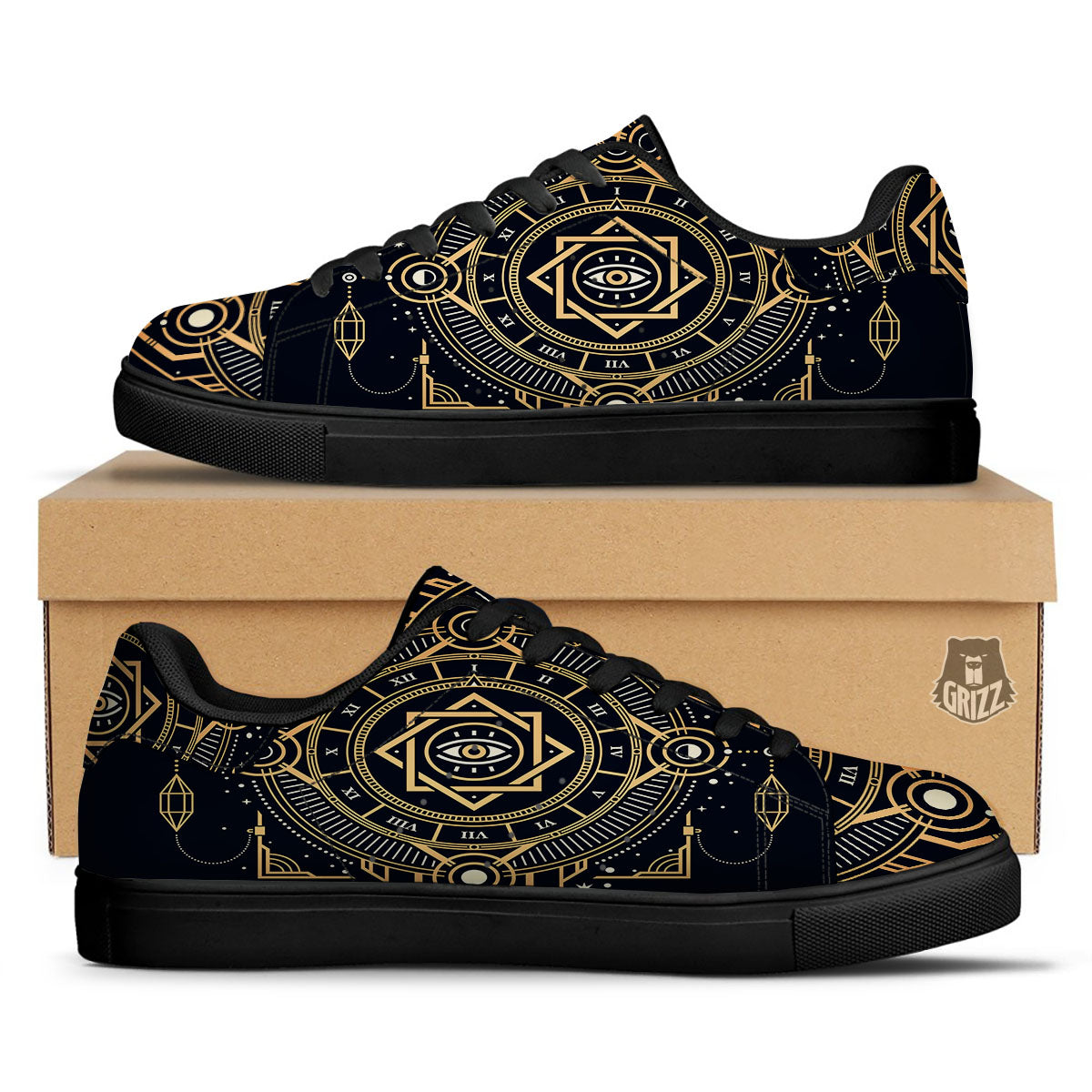 Freemasonry Masonic Eye Print Black Low Top Sneakers-grizzshop