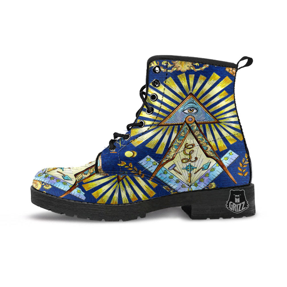 Freemasonry Masonic Vintage Print Leather Boots-grizzshop