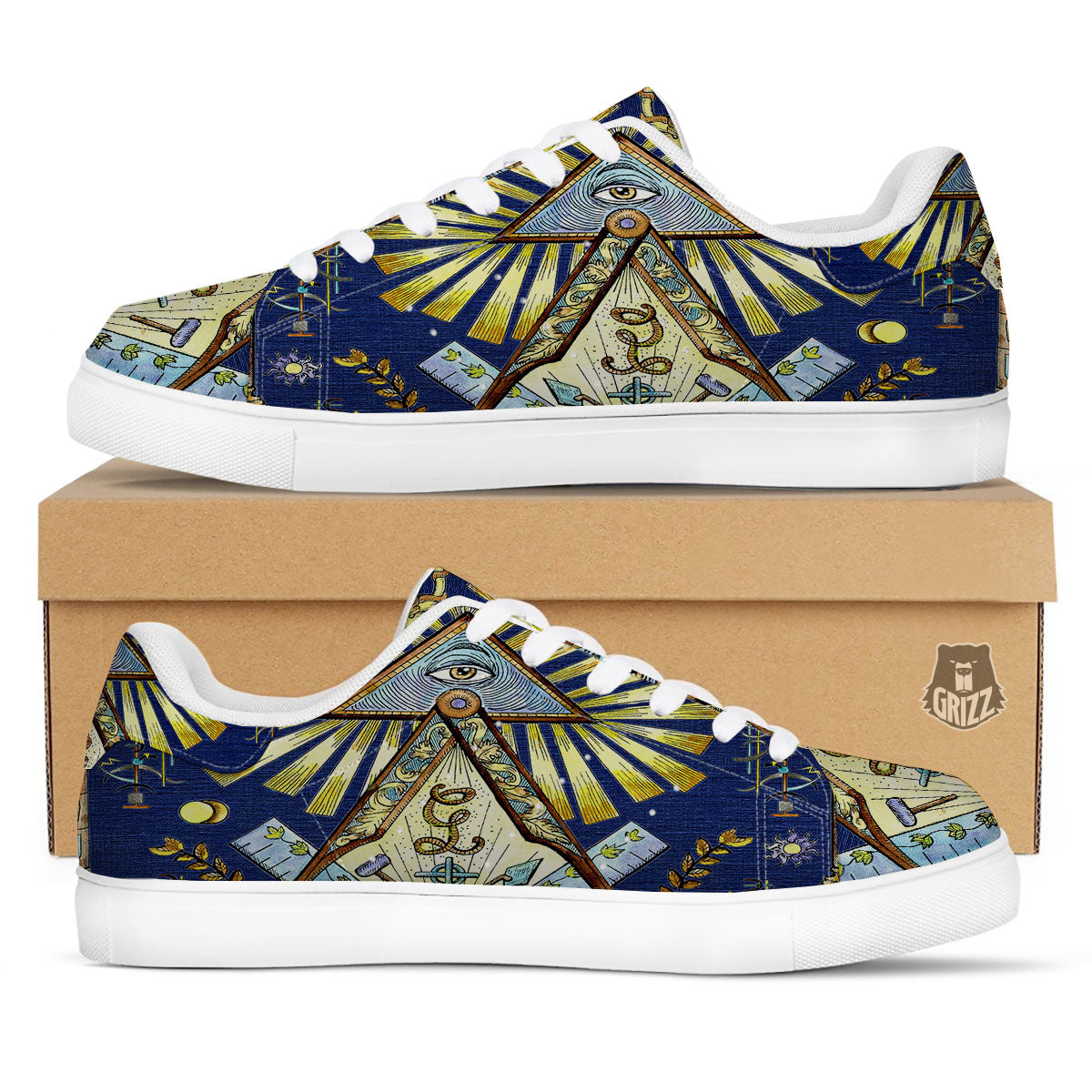 Freemasonry Masonic Vintage Print White Low Top Sneakers-grizzshop