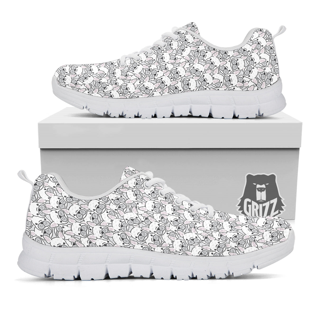 French Bulldog Cartoon Print Pattern White Sneaker-grizzshop