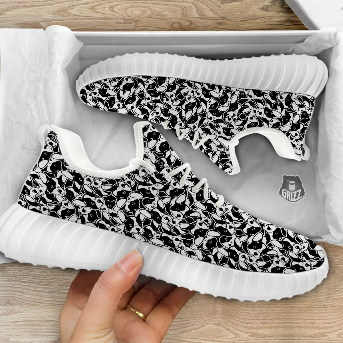 French Bulldog Faces Print Pattern White Walking Shoes-grizzshop