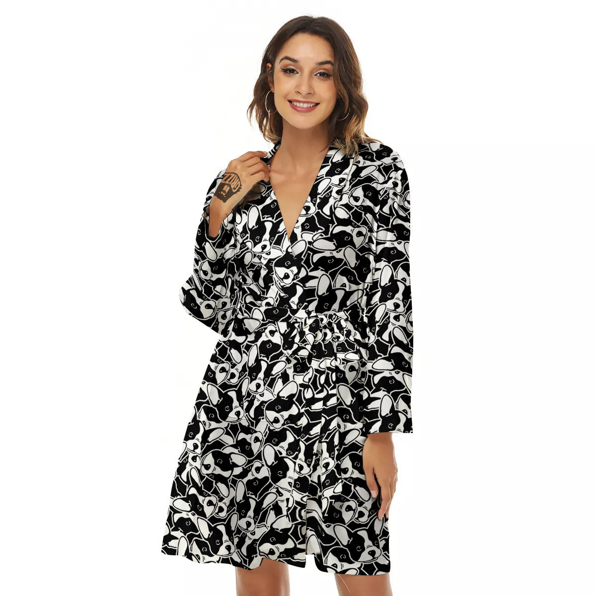 French Bulldog Faces Print Pattern Women's Robe-grizzshop