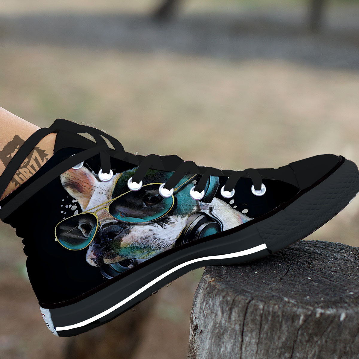 French Bulldog Puppy Watercolor Print Black High Top Shoes-grizzshop