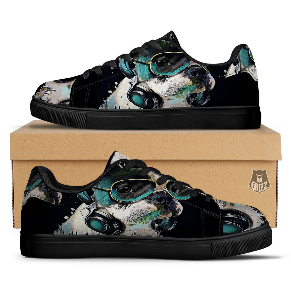 French Bulldog Puppy Watercolor Print Black Low Top Sneakers-grizzshop