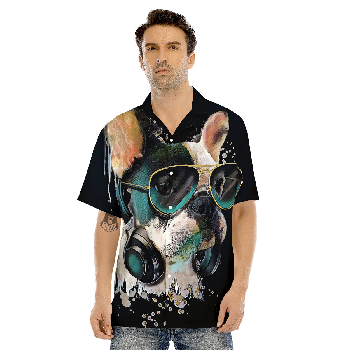 French Bulldog Puppy Watercolor Print Men's Hawaiian Shirt-grizzshop