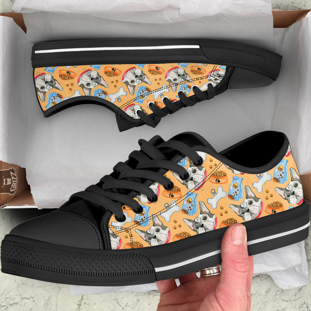 French Bulldog Watercolor Print Pattern Black Low Top Shoes-grizzshop