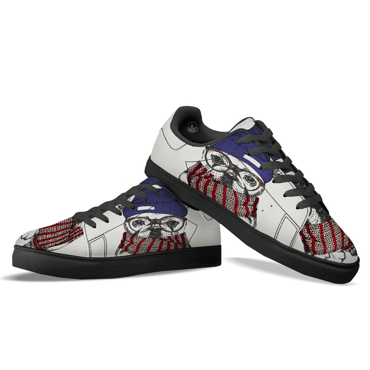 French Bulldog Wearing Glasses Print Black Low Top Sneakers-grizzshop