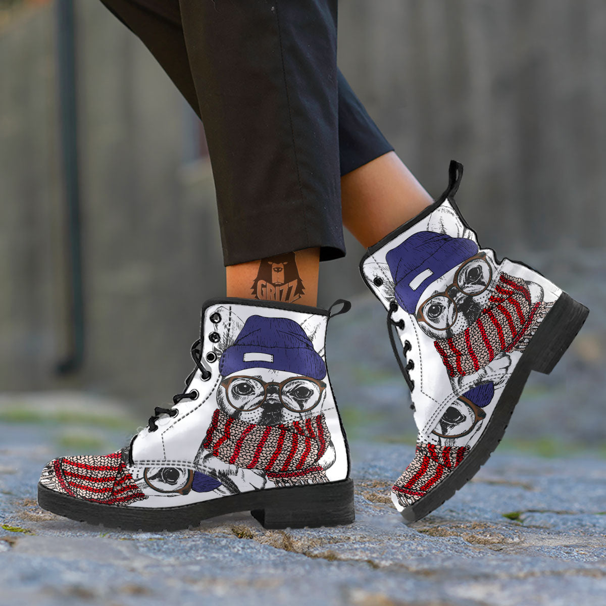 French Bulldog Wearing Glasses Print Leather Boots-grizzshop