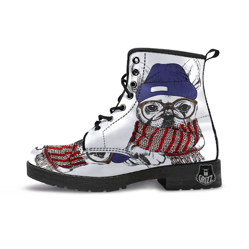 French Bulldog Wearing Glasses Print Leather Boots-grizzshop