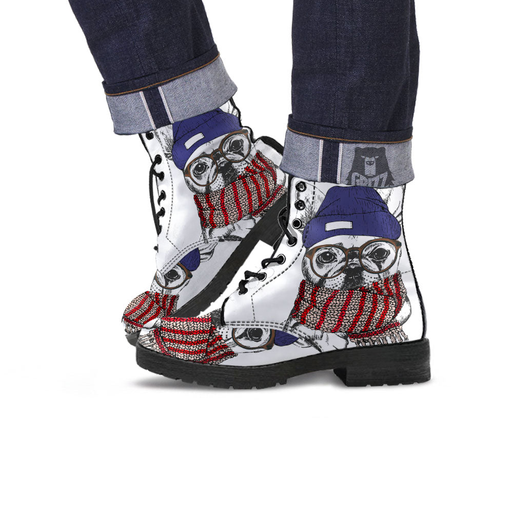 French Bulldog Wearing Glasses Print Leather Boots-grizzshop