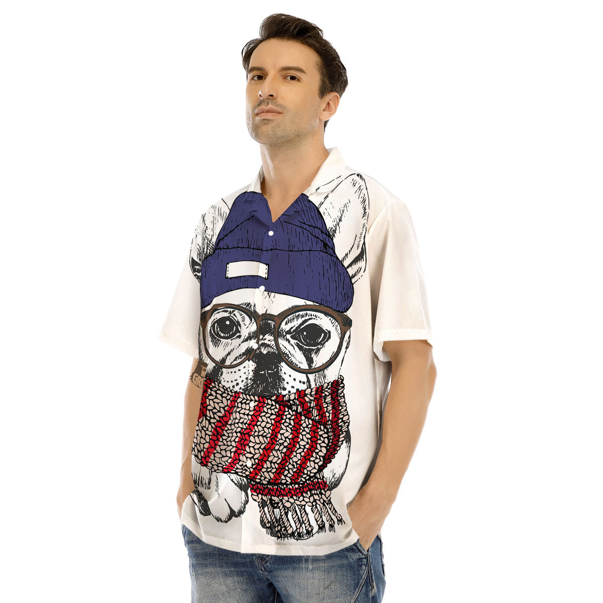 French Bulldog Wearing Glasses Print Men's Hawaiian Shirt-grizzshop