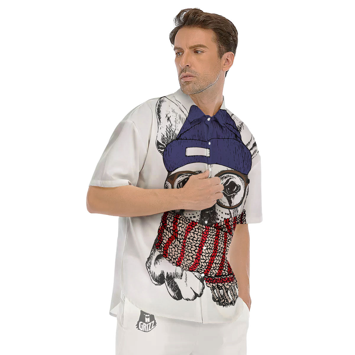 French Bulldog Wearing Glasses Print Men's Short Sleeve Shirts-grizzshop