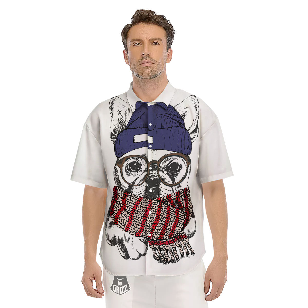 French Bulldog Wearing Glasses Print Men's Short Sleeve Shirts-grizzshop