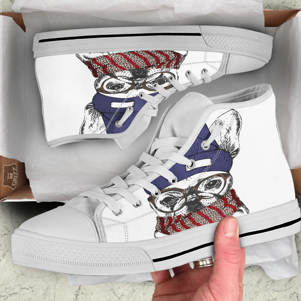 French Bulldog Wearing Glasses Print White High Top Shoes-grizzshop