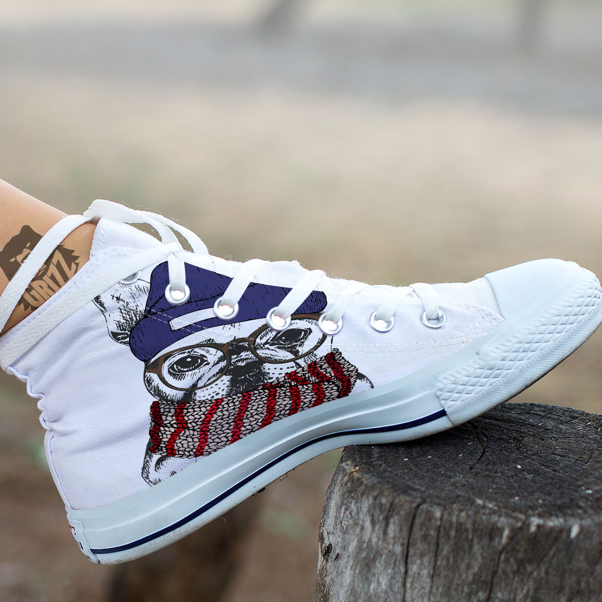 French Bulldog Wearing Glasses Print White High Top Shoes-grizzshop