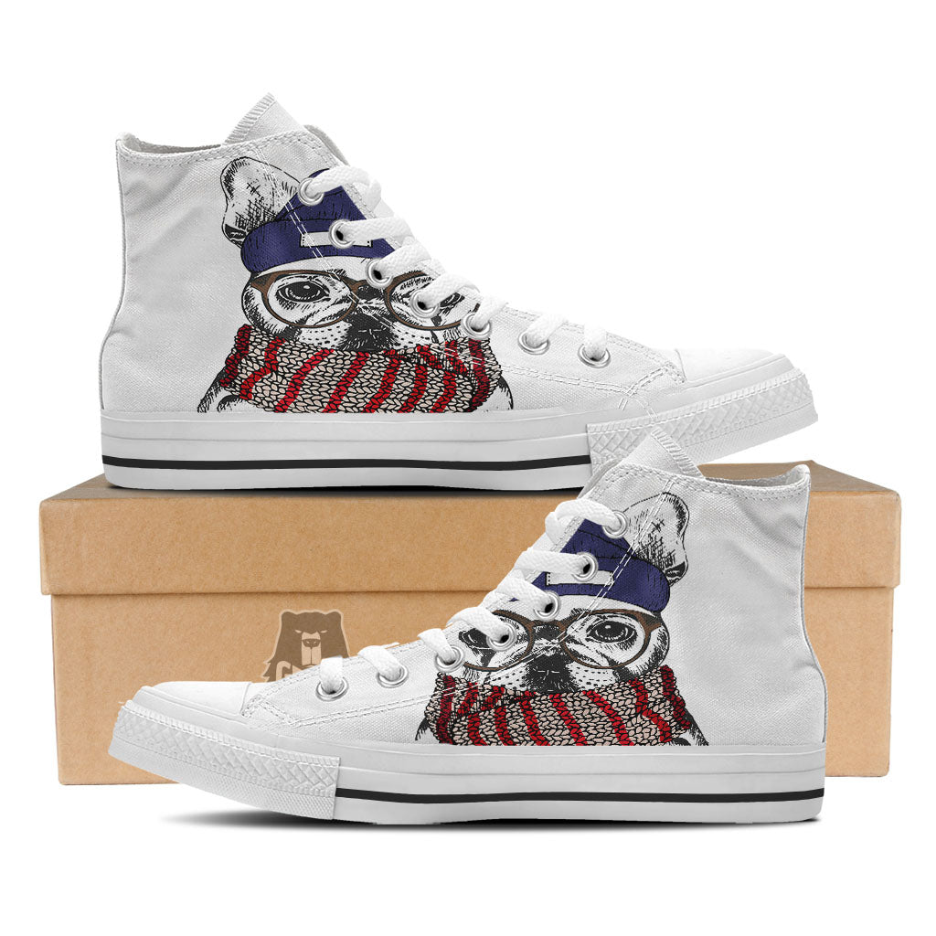 French Bulldog Wearing Glasses Print White High Top Shoes-grizzshop