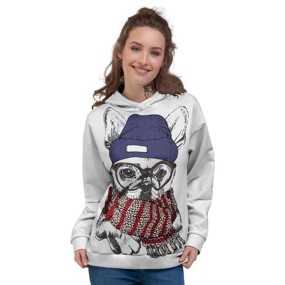 French Bulldog Wearing Glasses Print Women's Hoodie-grizzshop
