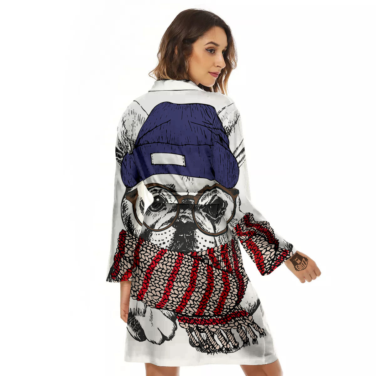 French Bulldog Wearing Glasses Print Women's Robe-grizzshop