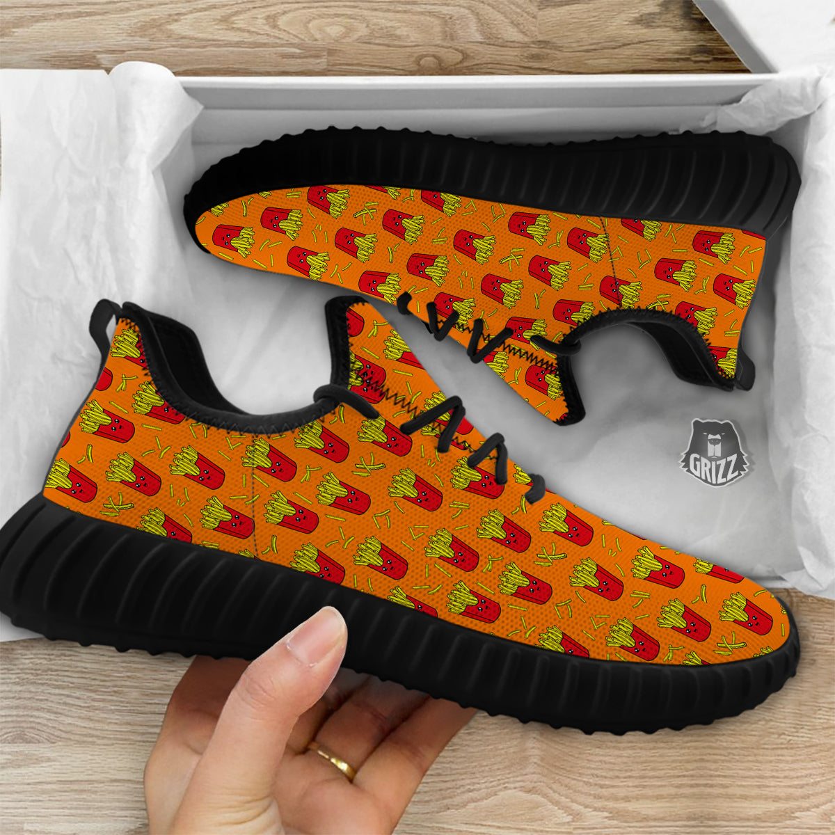French Fries Cartoon Print Pattern Black Walking Shoes-grizzshop