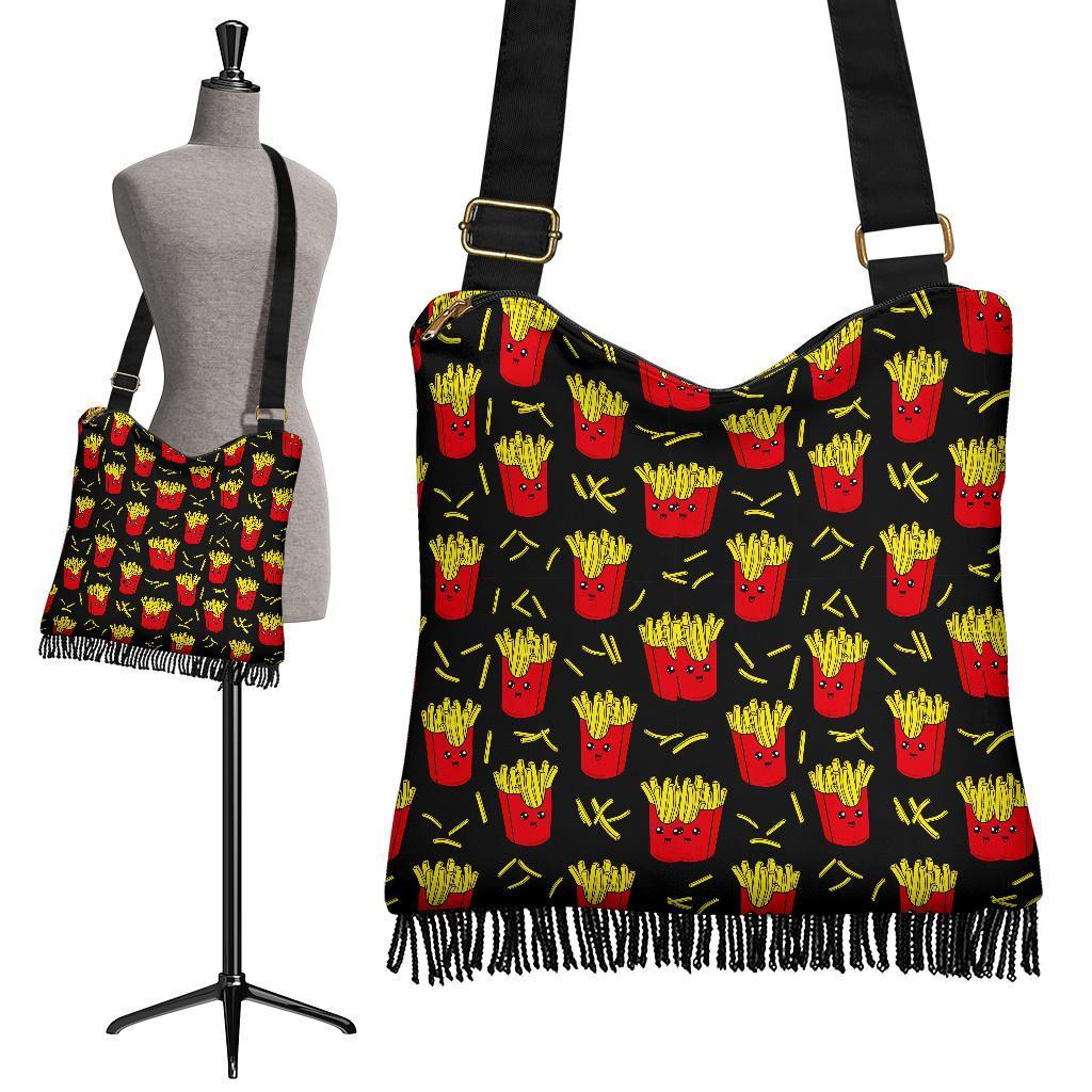 French Fries Cartoon Print Pattern Leather Tote Bag