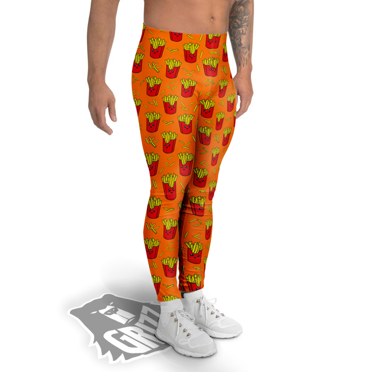 French Fries Cartoon Print Pattern Men's Leggings-grizzshop