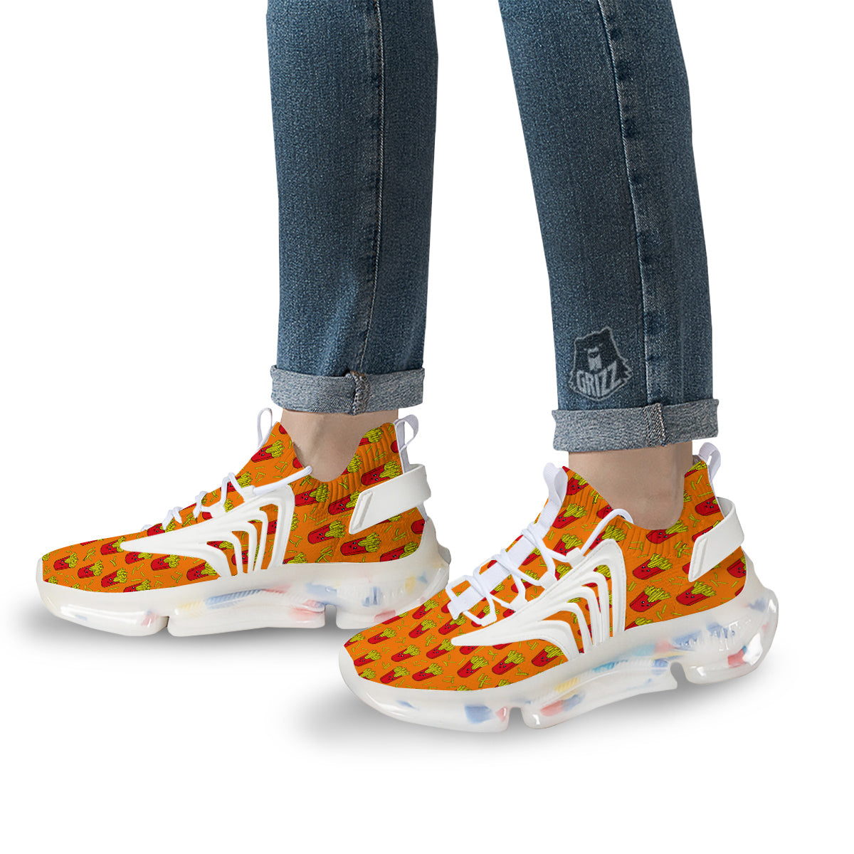 French Fries Cartoon Print Pattern White Gym Shoes-grizzshop
