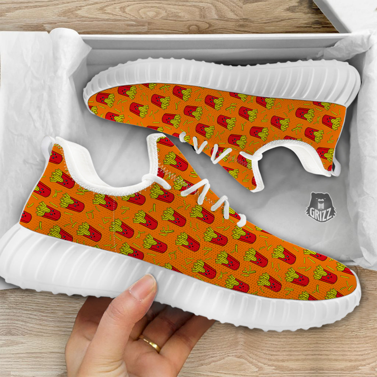 French Fries Cartoon Print Pattern White Walking Shoes-grizzshop