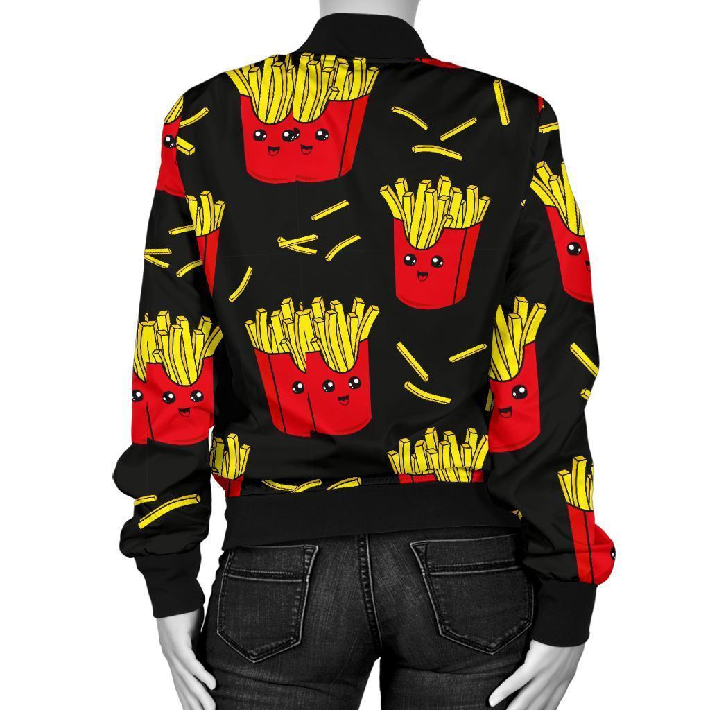 French Fries Cartoon Print Pattern Women Casual Bomber Jacket-grizzshop