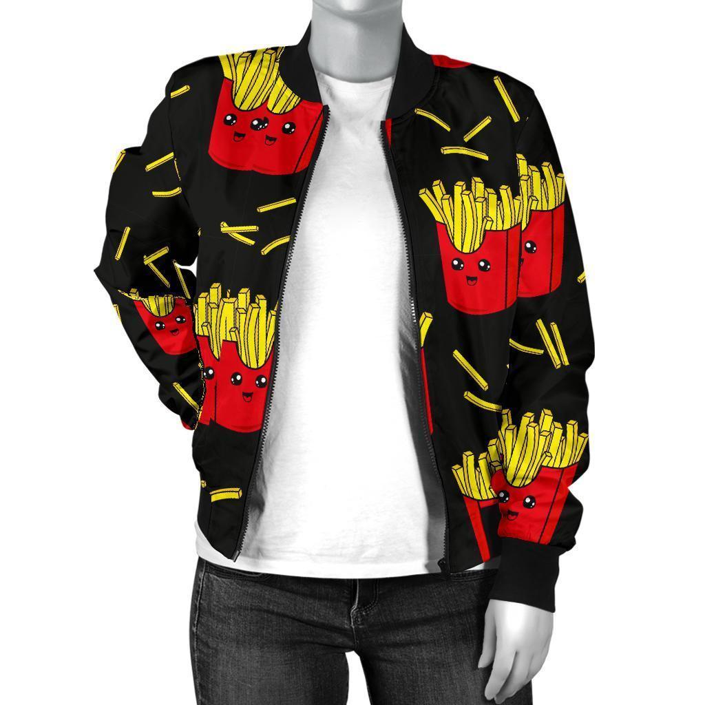 French Fries Cartoon Print Pattern Women Casual Bomber Jacket-grizzshop