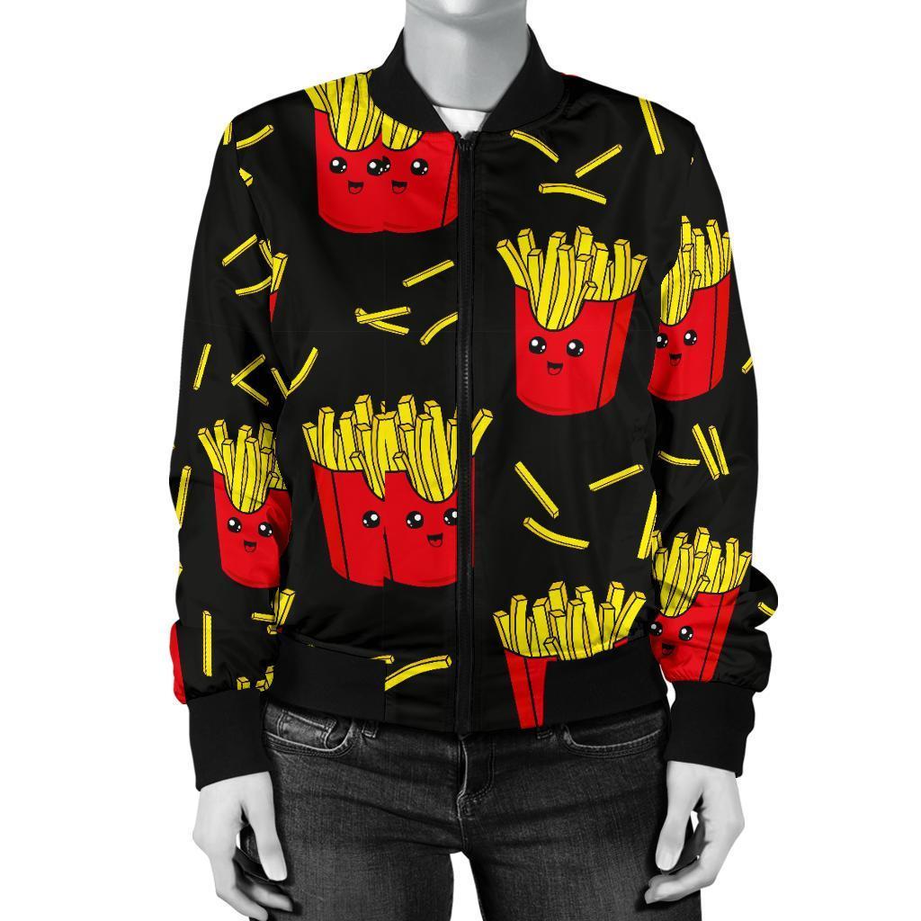 French Fries Cartoon Print Pattern Women Casual Bomber Jacket-grizzshop