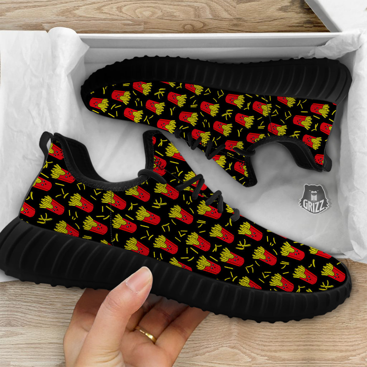 French Fries Cute Print Pattern Black Walking Shoes-grizzshop