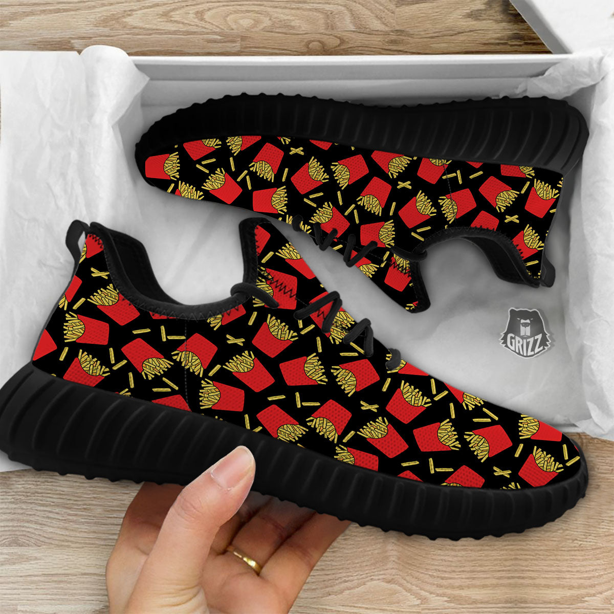 French Fries Doodle Print Pattern Black Walking Shoes-grizzshop