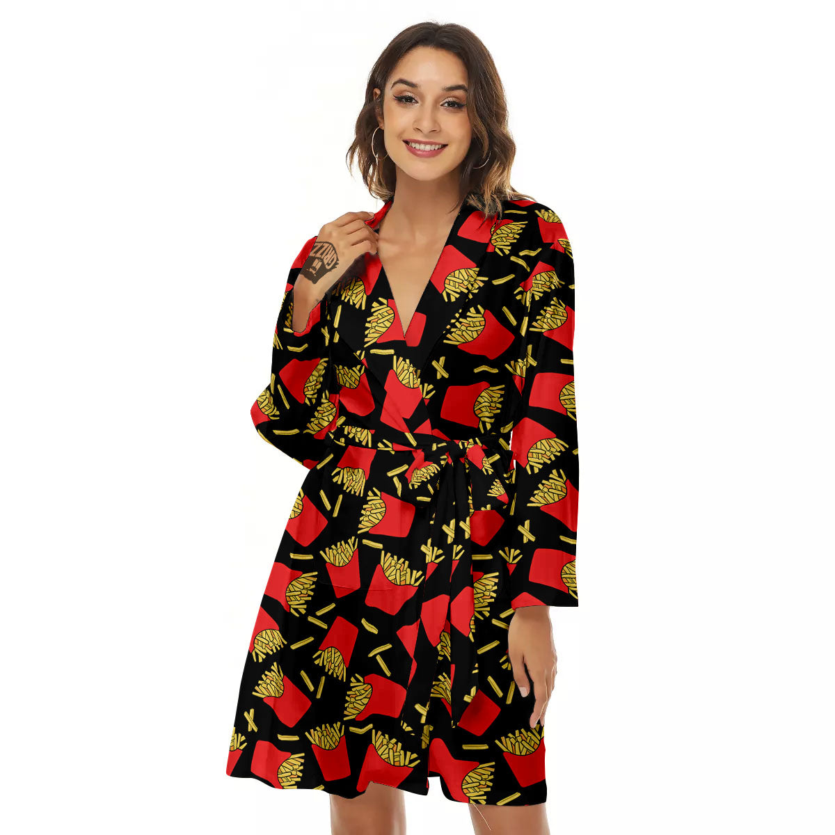French Fries Doodle Print Pattern Women's Robe-grizzshop