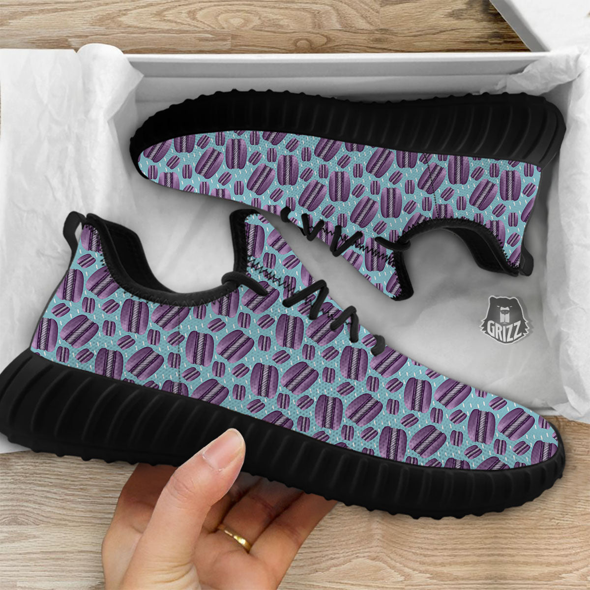 French Macarons Print Pattern Black Walking Shoes-grizzshop