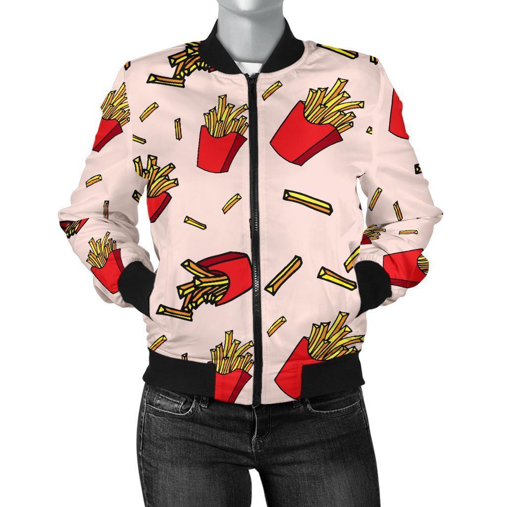 French Fries Pattern Print Women Casual Bomber Jacket-grizzshop