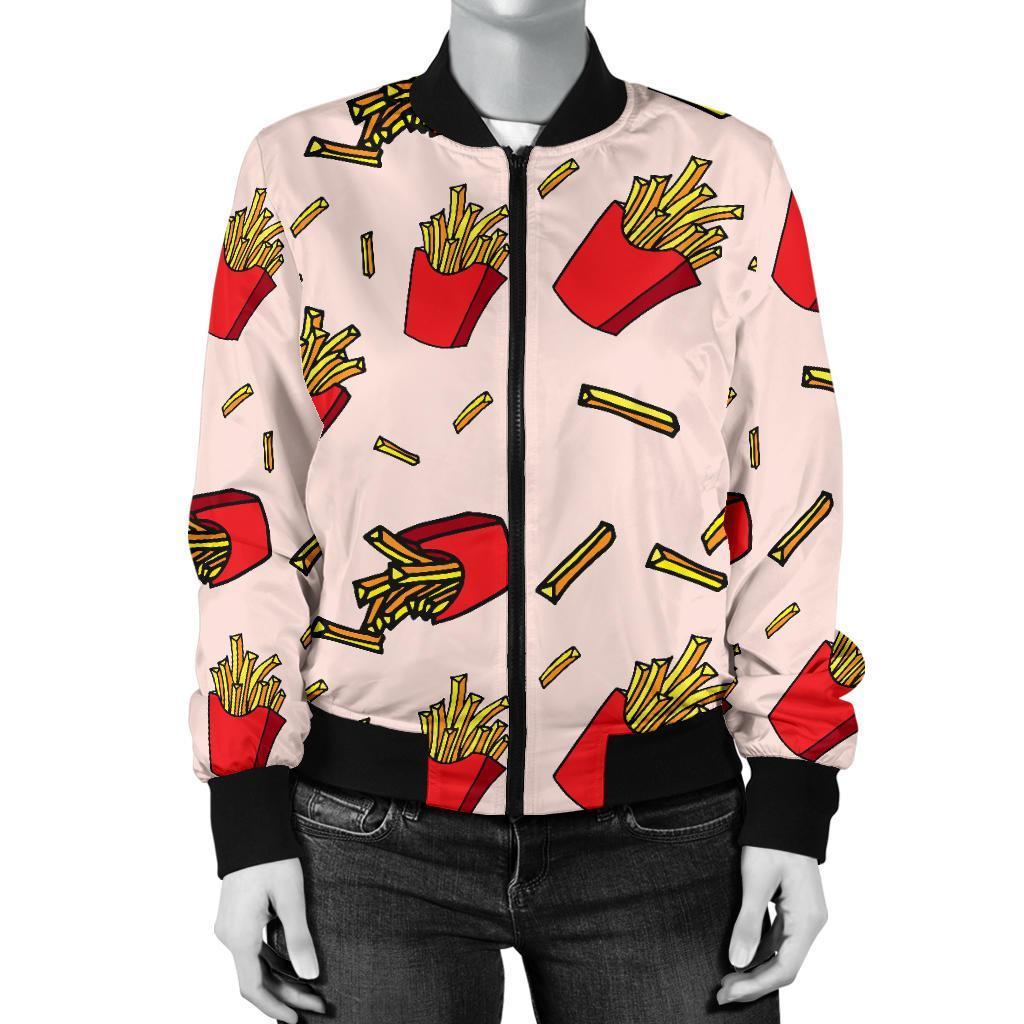 French Fries Pattern Print Women Casual Bomber Jacket-grizzshop