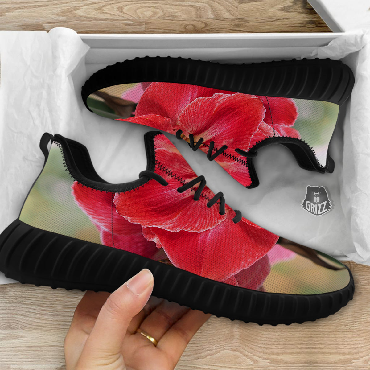 Fresh Amaryllis Print Black Walking Shoes-grizzshop