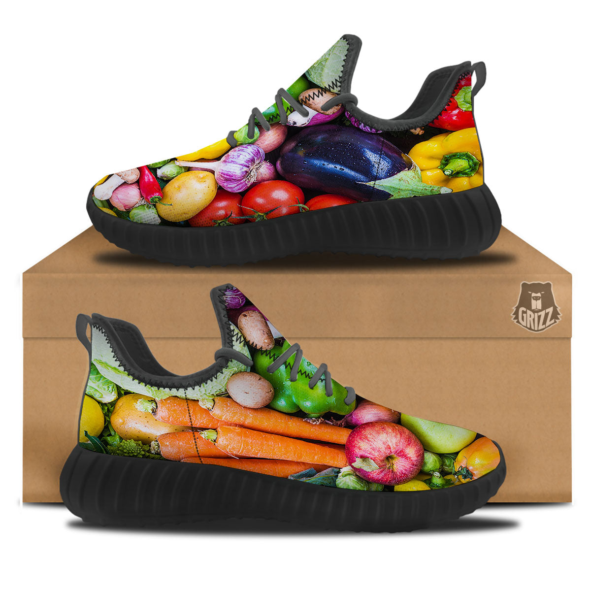 Fresh Green Fruit And Vegetables Print Black Walking Shoes-grizzshop