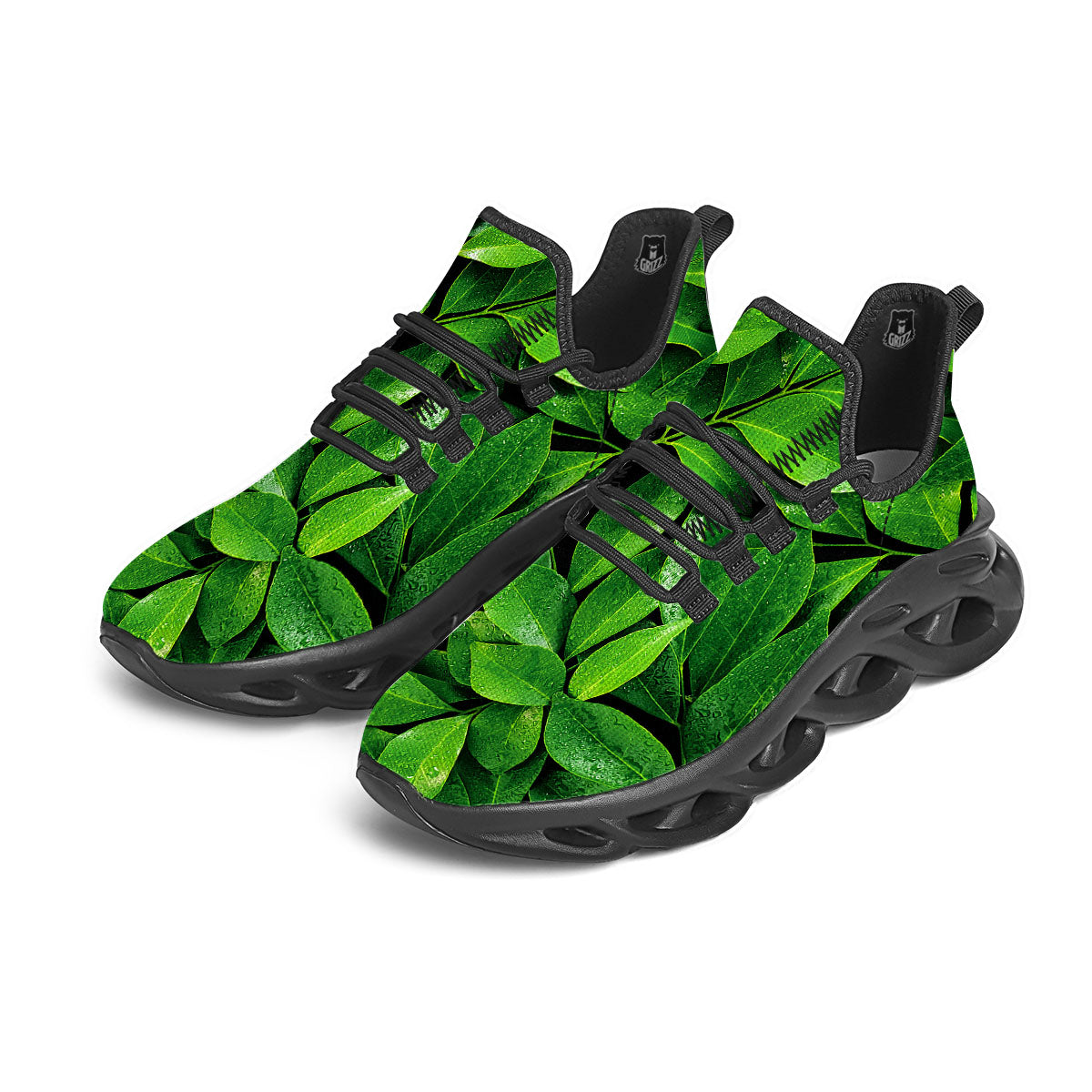 Fresh Leaf Green Print Black Running Shoes-grizzshop