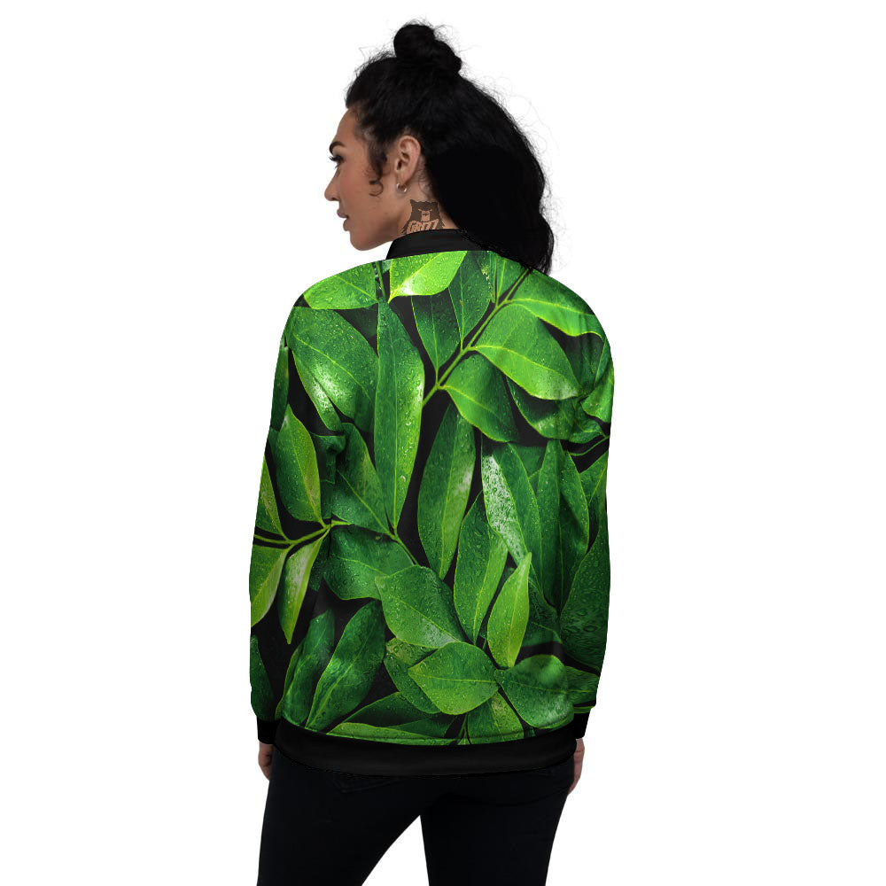 Fresh Leaf Green Print Women's Bomber Jacket-grizzshop