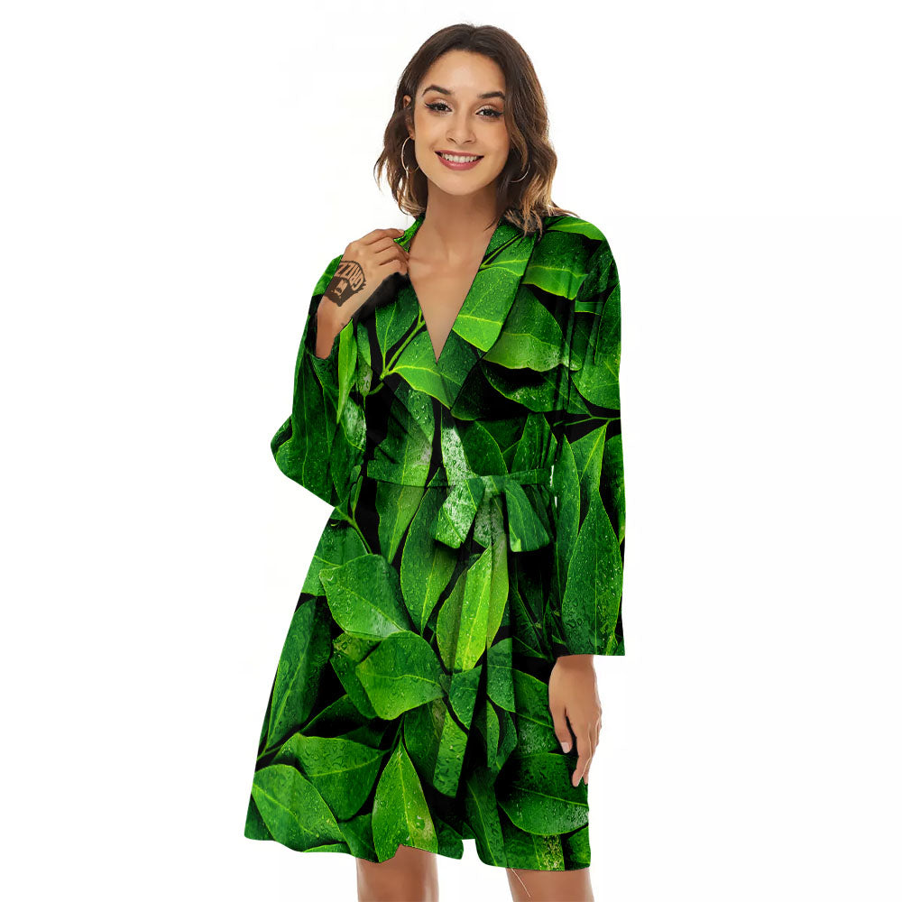 Fresh Leaf Green Print Women's Robe-grizzshop
