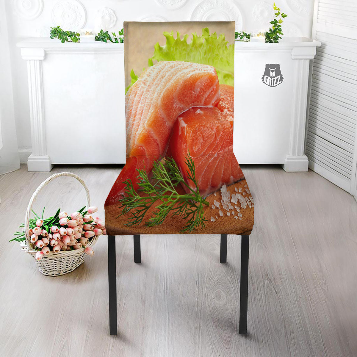 Fresh Salmon Print Dining Chair Slipcover-grizzshop