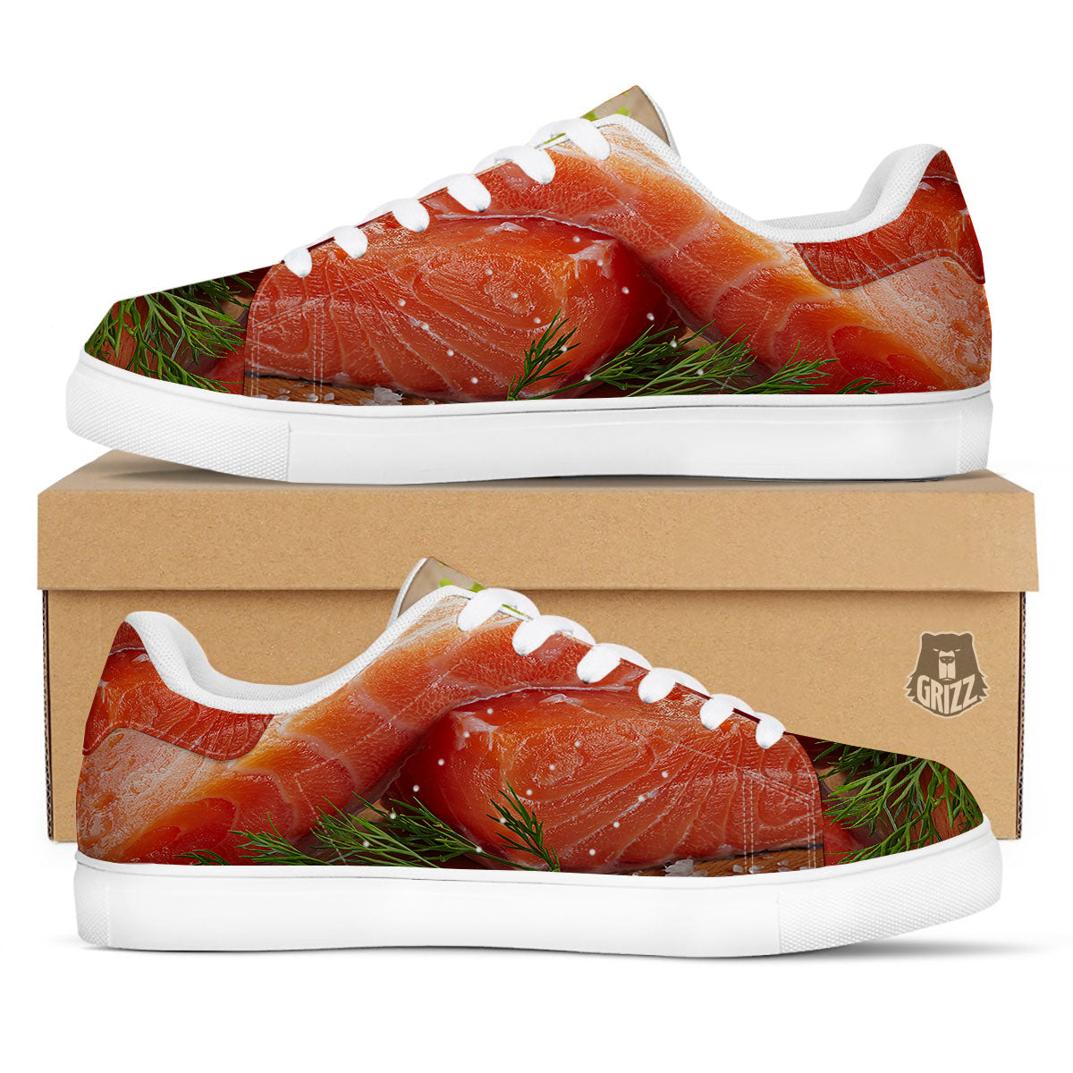 Fresh Salmon Print White Low Top Sneakers-grizzshop